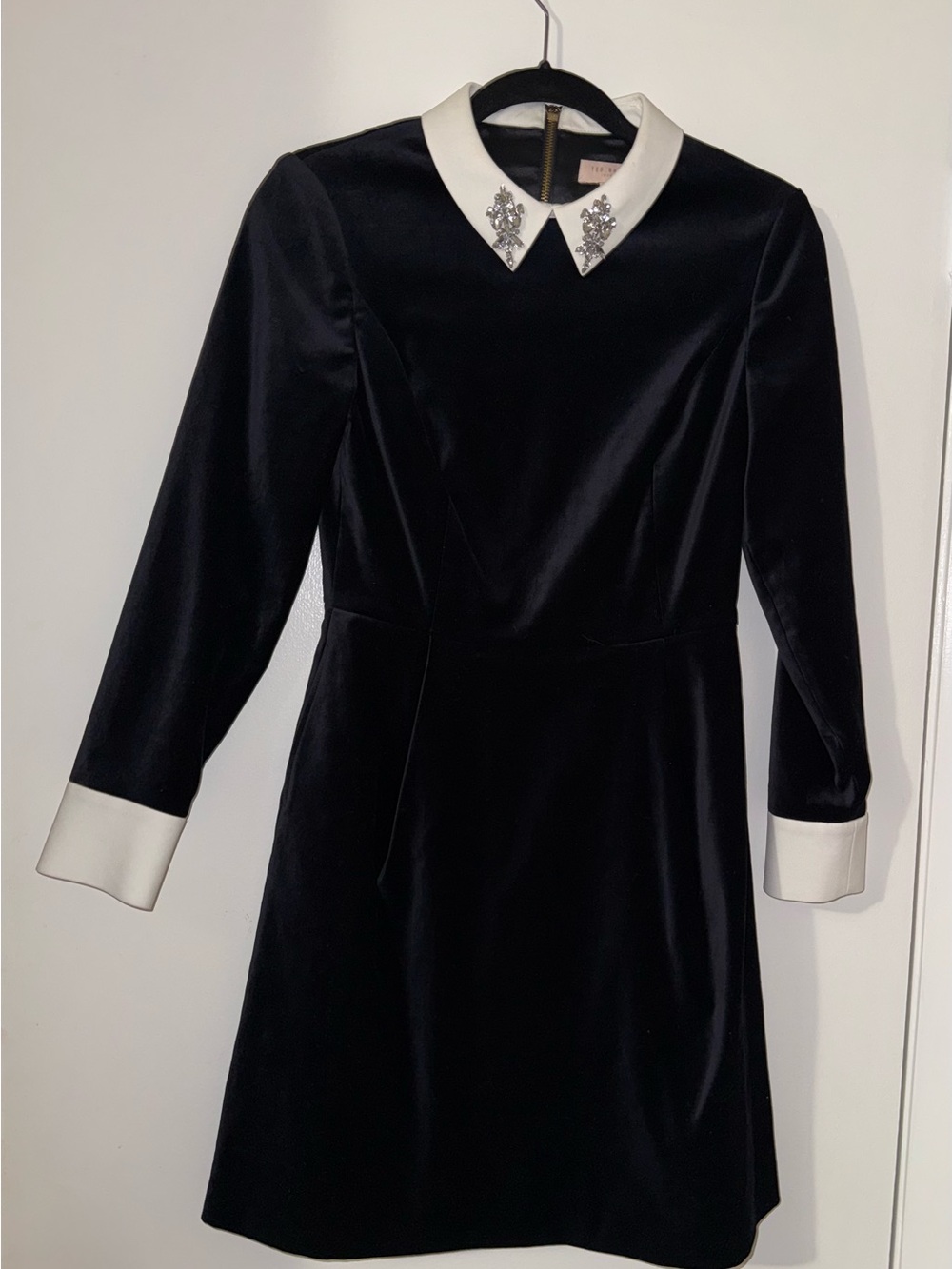 Ted Baker Black Velvet Long Sleeve Dress with White Collar & Cuffs